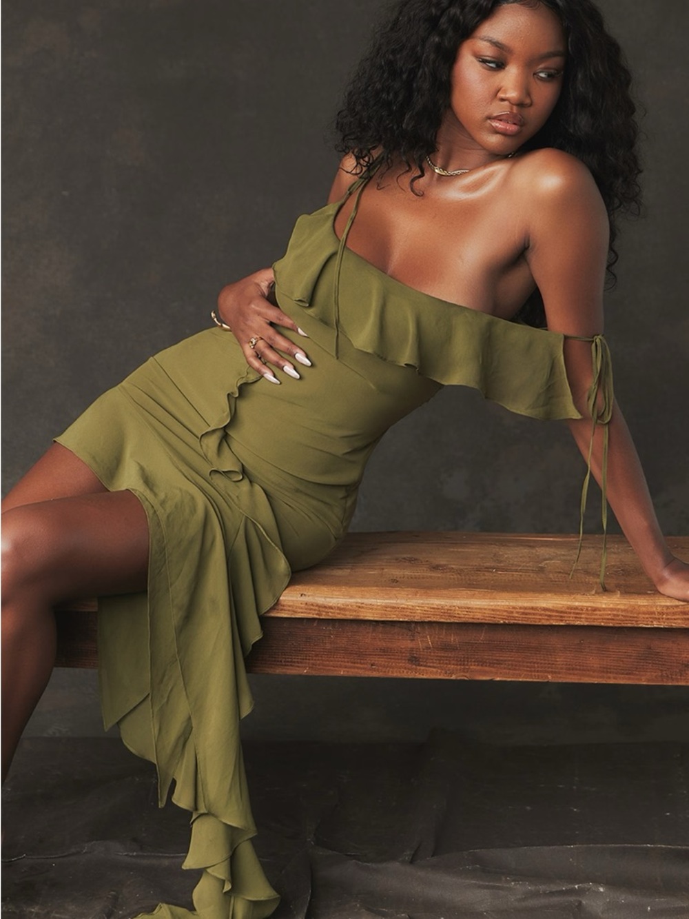 House of CB MARCIA Olive Green Ruffle Mini